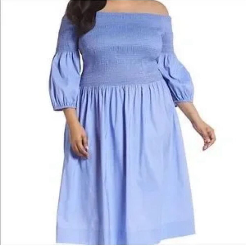 Celsea28 NWT blue long puff sleeve smocked Swiss dot midi sundress size 18